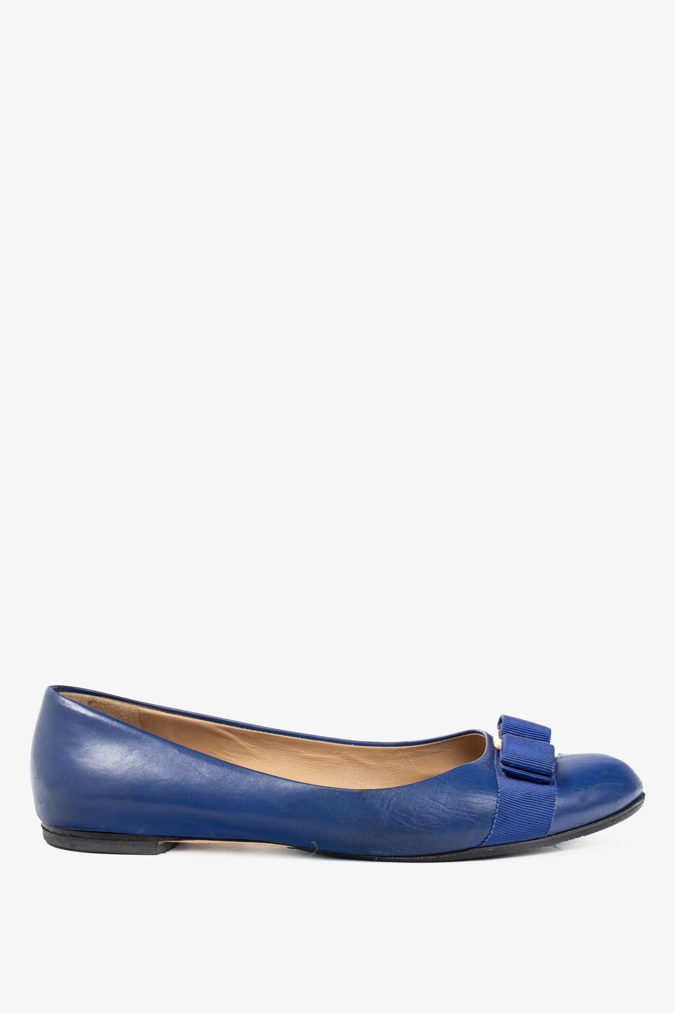 Salvatore Ferragamo Varina Blue Leather Bow Ballet Flats