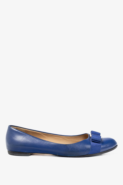Salvatore Ferragamo Varina Blue Leather Bow Ballet Flats