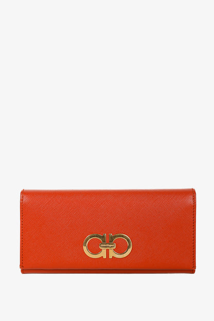 Salvatore Ferragamo Dark Orange Gancini Saffiano-Leather Continental Wallet
