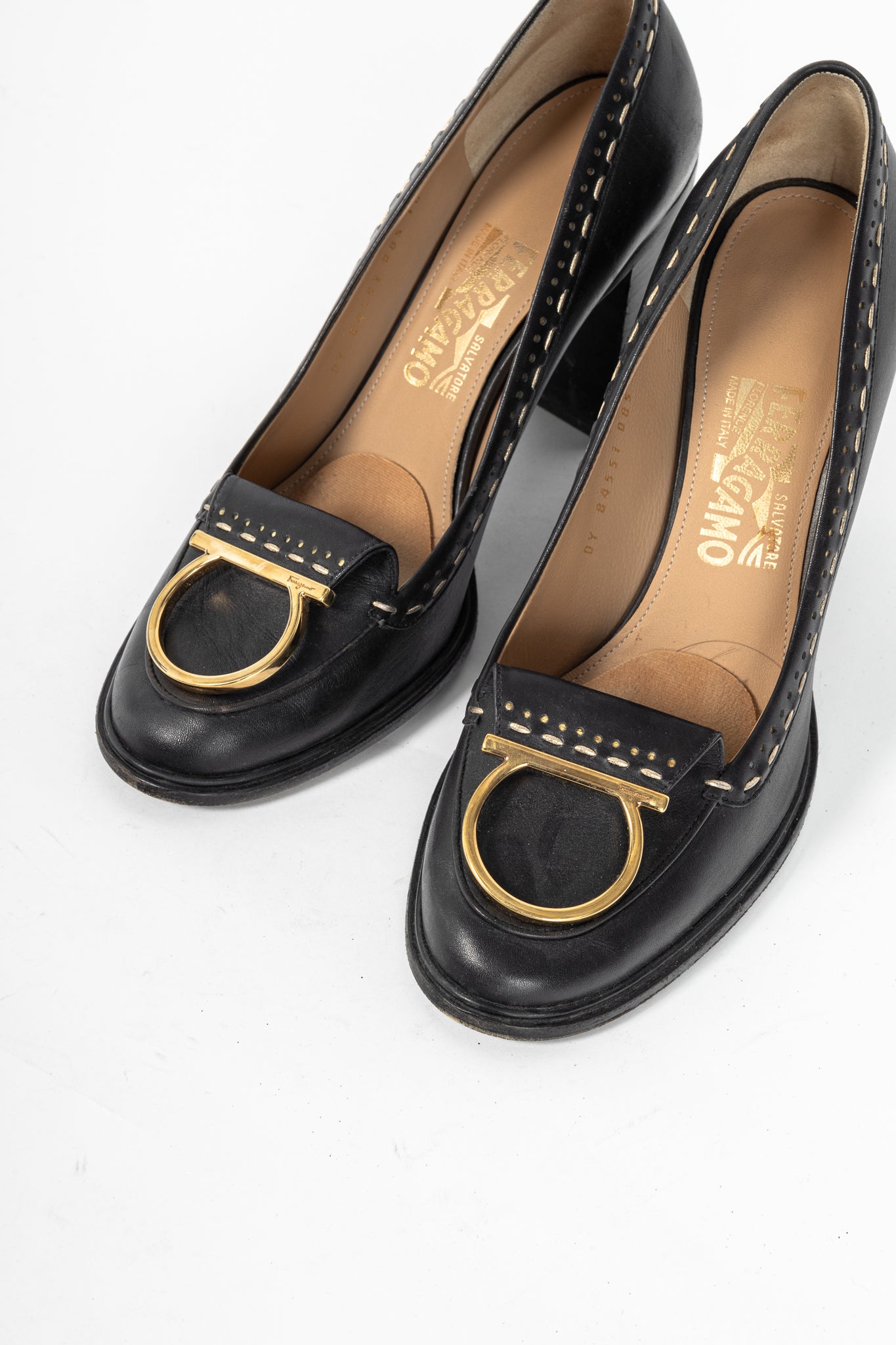 Salvatore Ferragamo Fele Black Gancino Stitched Block-Heel Pumps