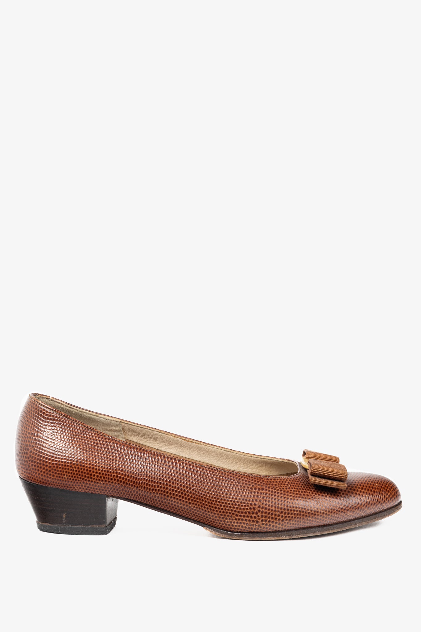 Salvatore Ferragamo Boutique Lillaz Tan Lizard-Embossed Bow Pumps