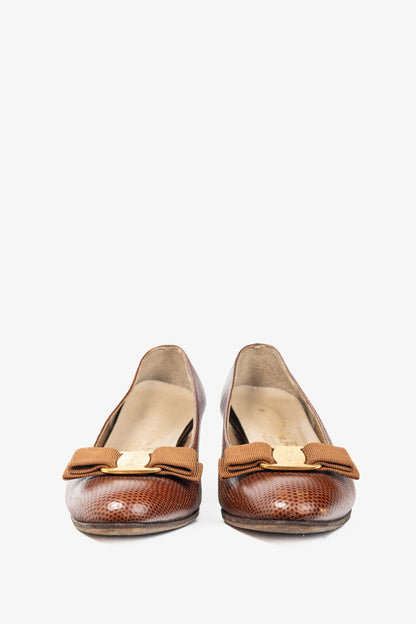 Salvatore Ferragamo Boutique Lillaz Tan Lizard-Embossed Bow Pumps