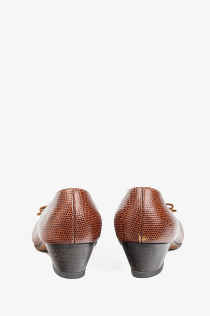 Salvatore Ferragamo Boutique Lillaz Tan Lizard-Embossed Bow Pumps