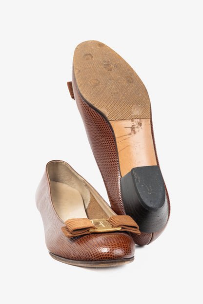 Salvatore Ferragamo Boutique Lillaz Tan Lizard-Embossed Bow Pumps