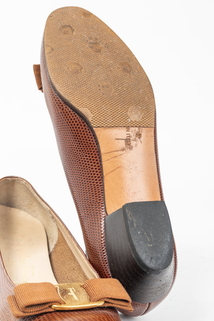 Salvatore Ferragamo Boutique Lillaz Tan Lizard-Embossed Bow Pumps