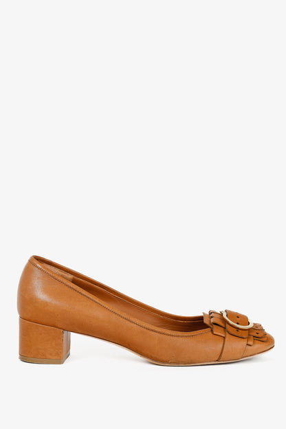 Salvatore Ferragamo Elga Brown Leather Fringe Gancini-Buckle Pumps