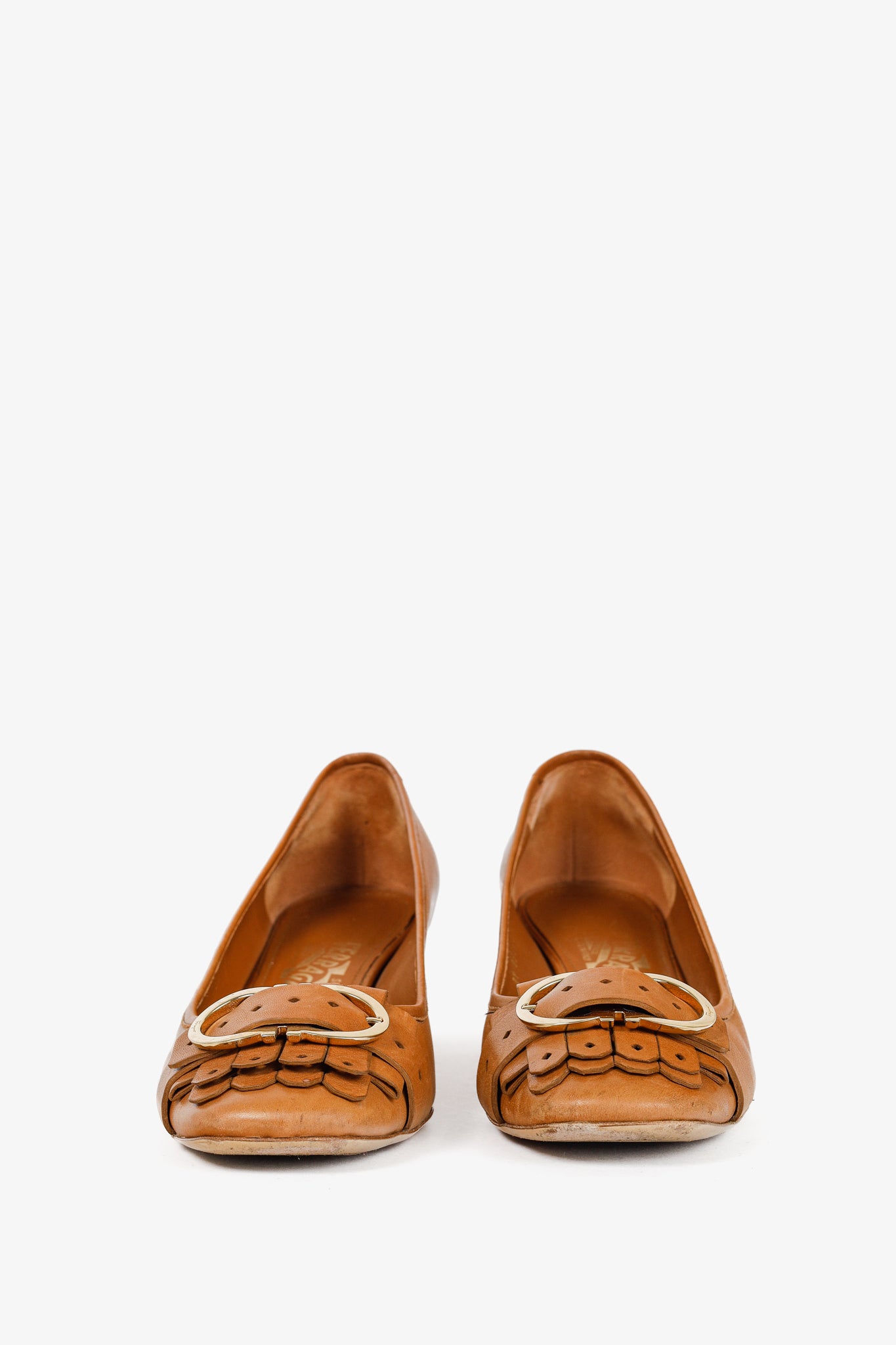 Salvatore Ferragamo Elga Brown Leather Fringe Gancini-Buckle Pumps