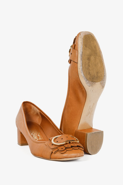 Salvatore Ferragamo Elga Brown Leather Fringe Gancini-Buckle Pumps