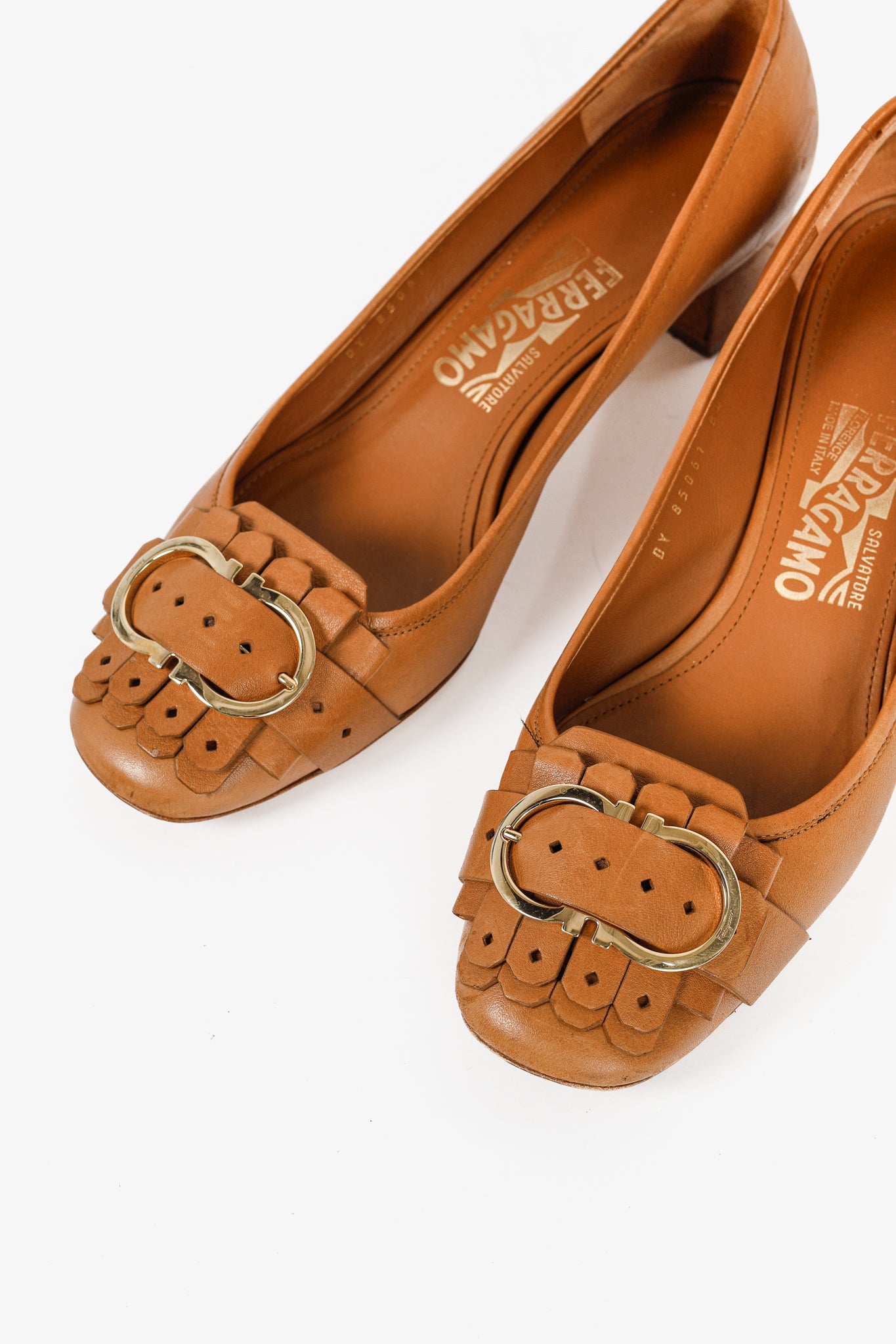 Salvatore Ferragamo Elga Brown Leather Fringe Gancini-Buckle Pumps