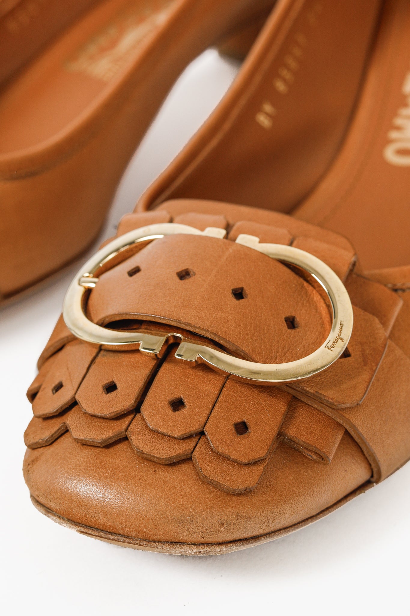 Salvatore Ferragamo Elga Brown Leather Fringe Gancini-Buckle Pumps