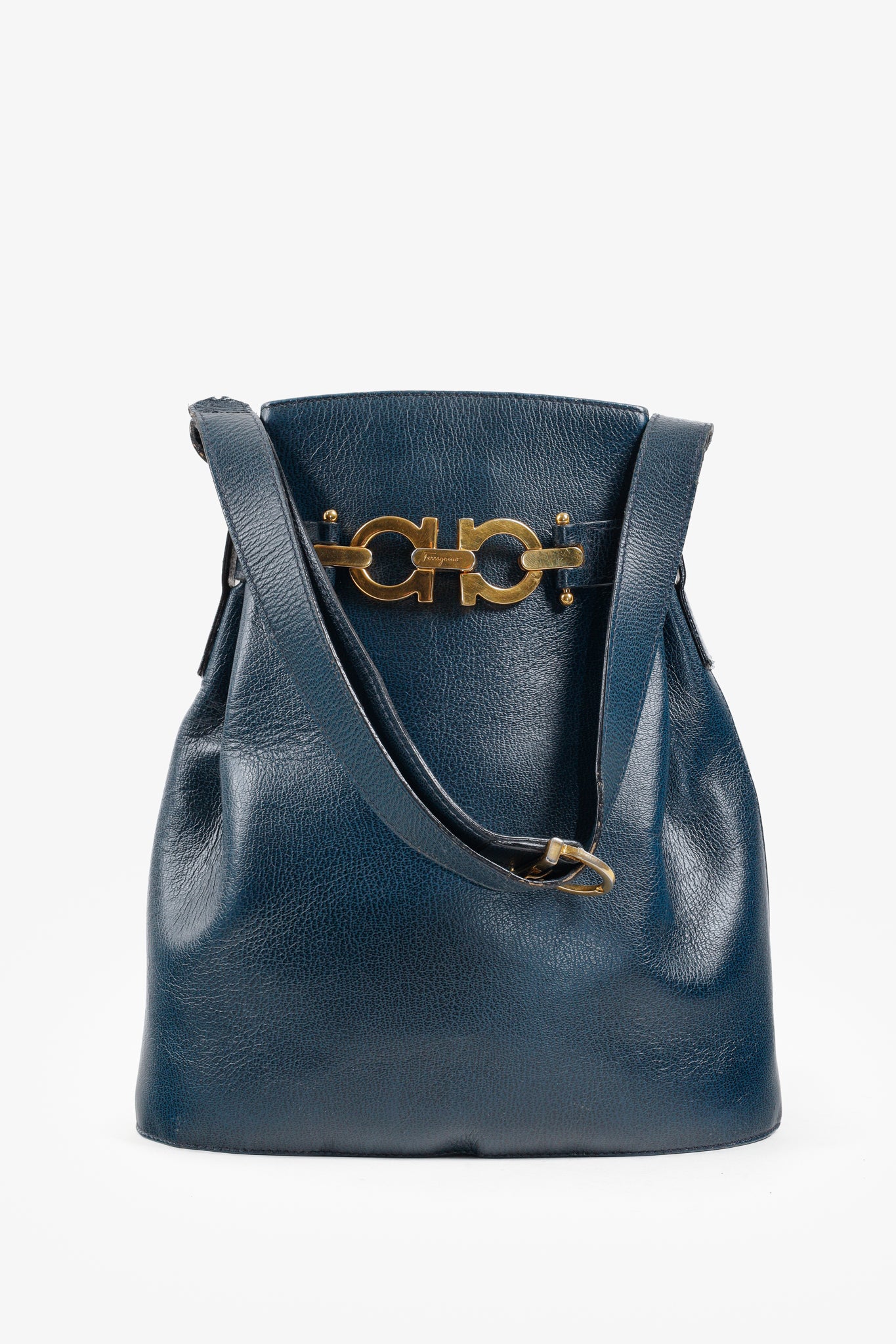 Ferragamo Vintage Leather Navy Blue Bucket Bag