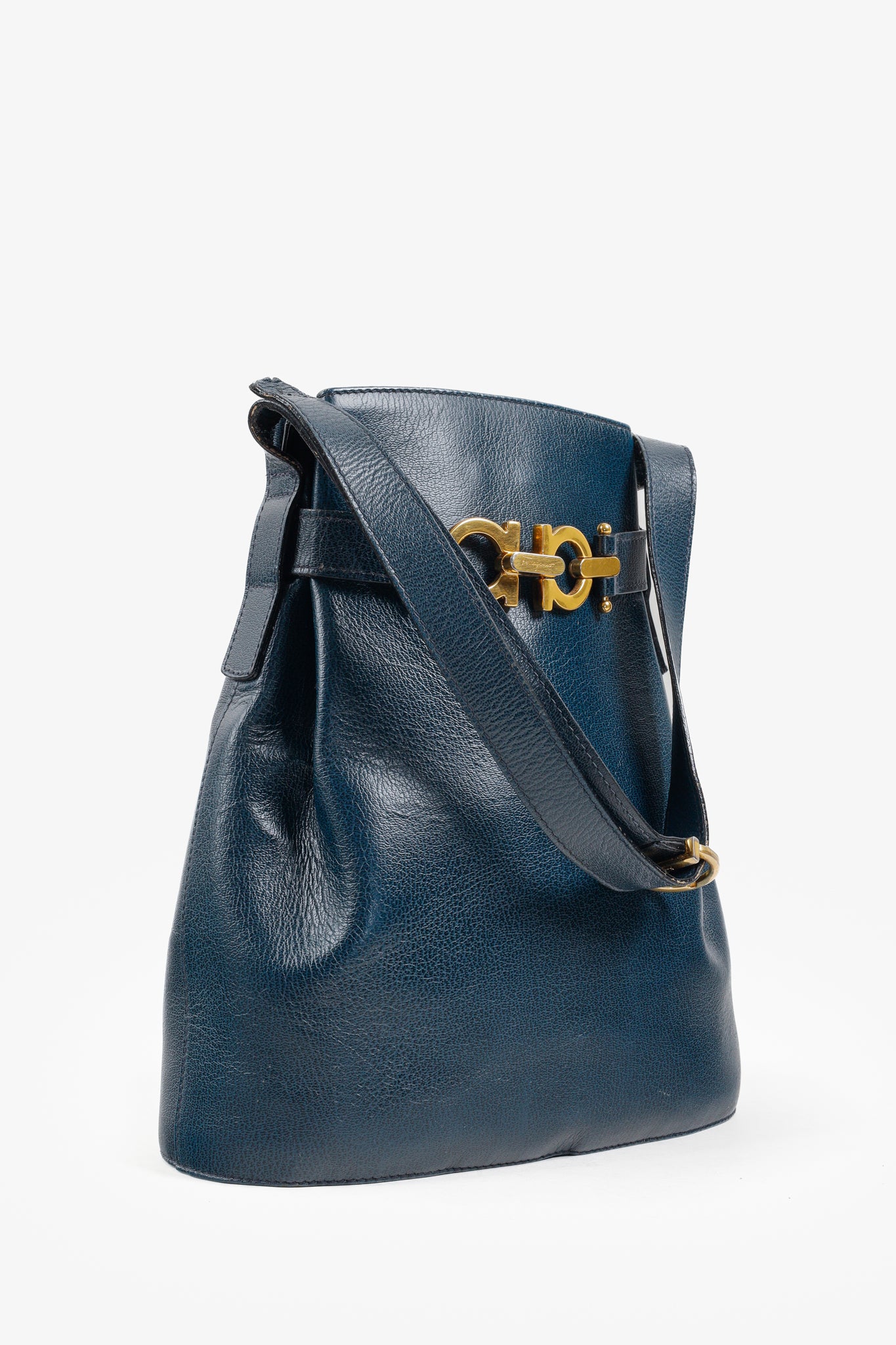 Ferragamo Vintage Leather Navy Blue Bucket Bag