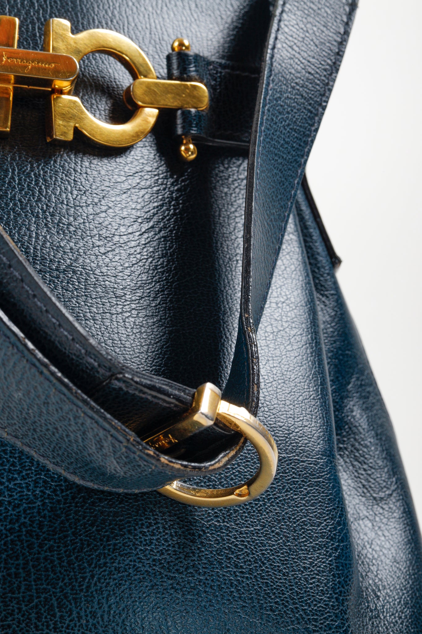 Ferragamo Vintage Leather Navy Blue Bucket Bag