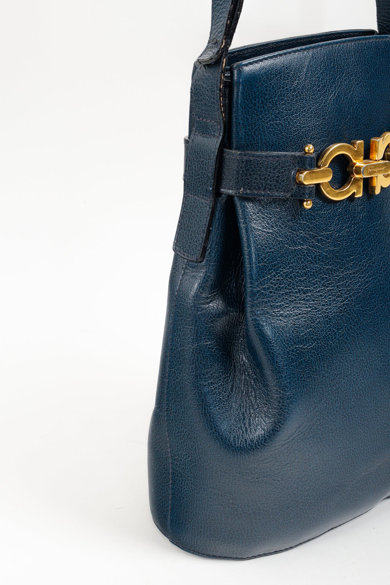 Ferragamo Vintage Leather Navy Blue Bucket Bag