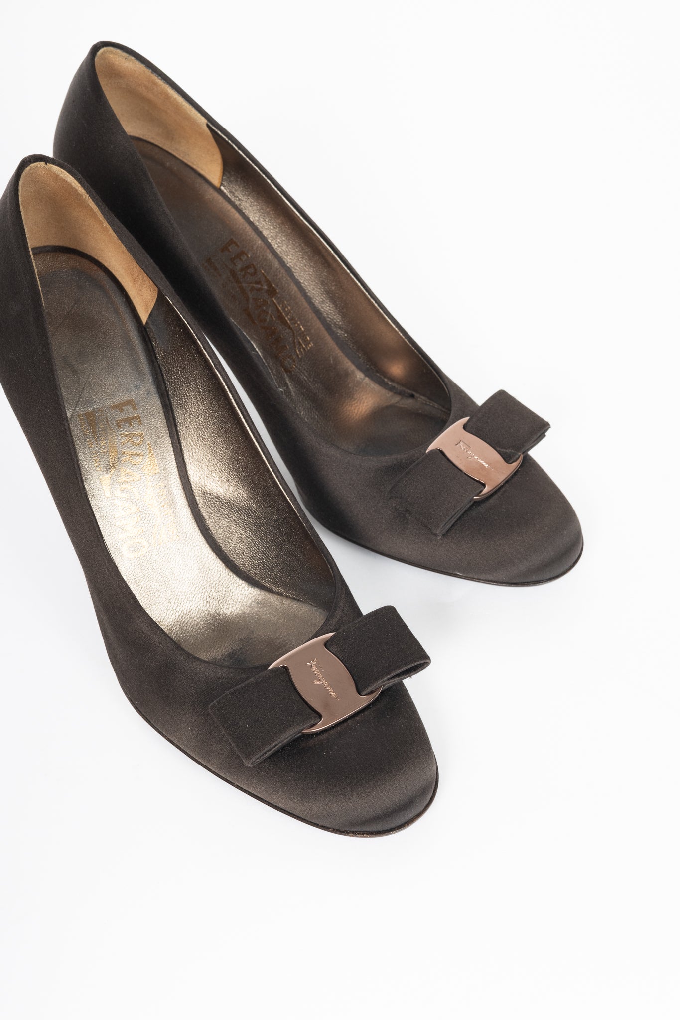 Salvatore Ferragamo Brown Satin Vara-Bow Pumps