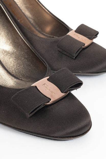 Salvatore Ferragamo Brown Satin Vara-Bow Pumps