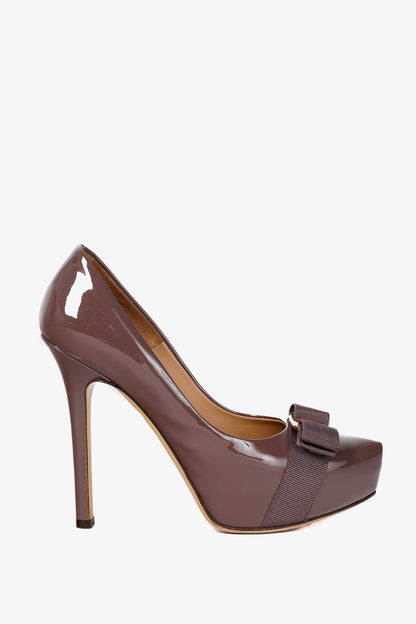 Salvatore Ferragamo Trilly Purple Patent Leather Vara-Bow Platform Pumps