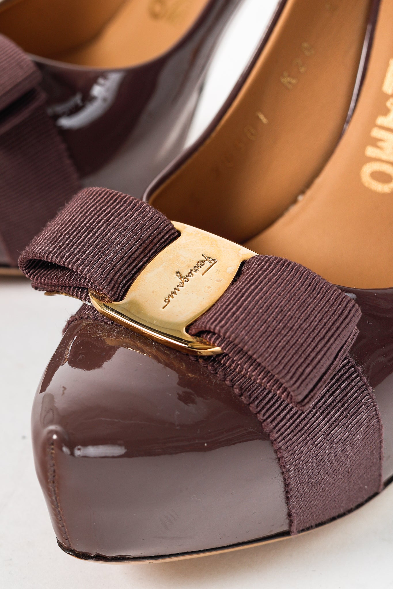 Salvatore Ferragamo Trilly Purple Patent Leather Vara-Bow Platform Pumps