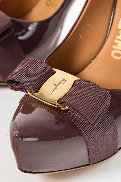 Salvatore Ferragamo Trilly Purple Patent Leather Vara-Bow Platform Pumps