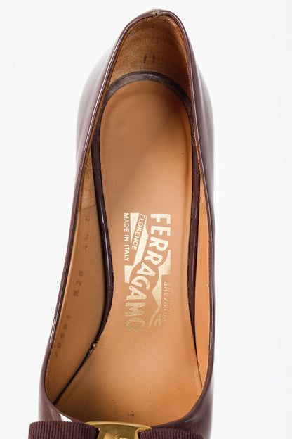 Salvatore Ferragamo Trilly Purple Patent Leather Vara-Bow Platform Pumps