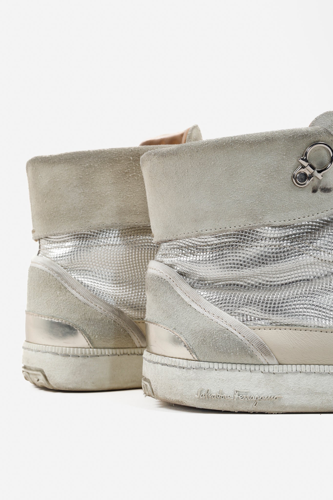 Salvatore Ferragamo Beige/Silver Metallic High-Top Sneakers