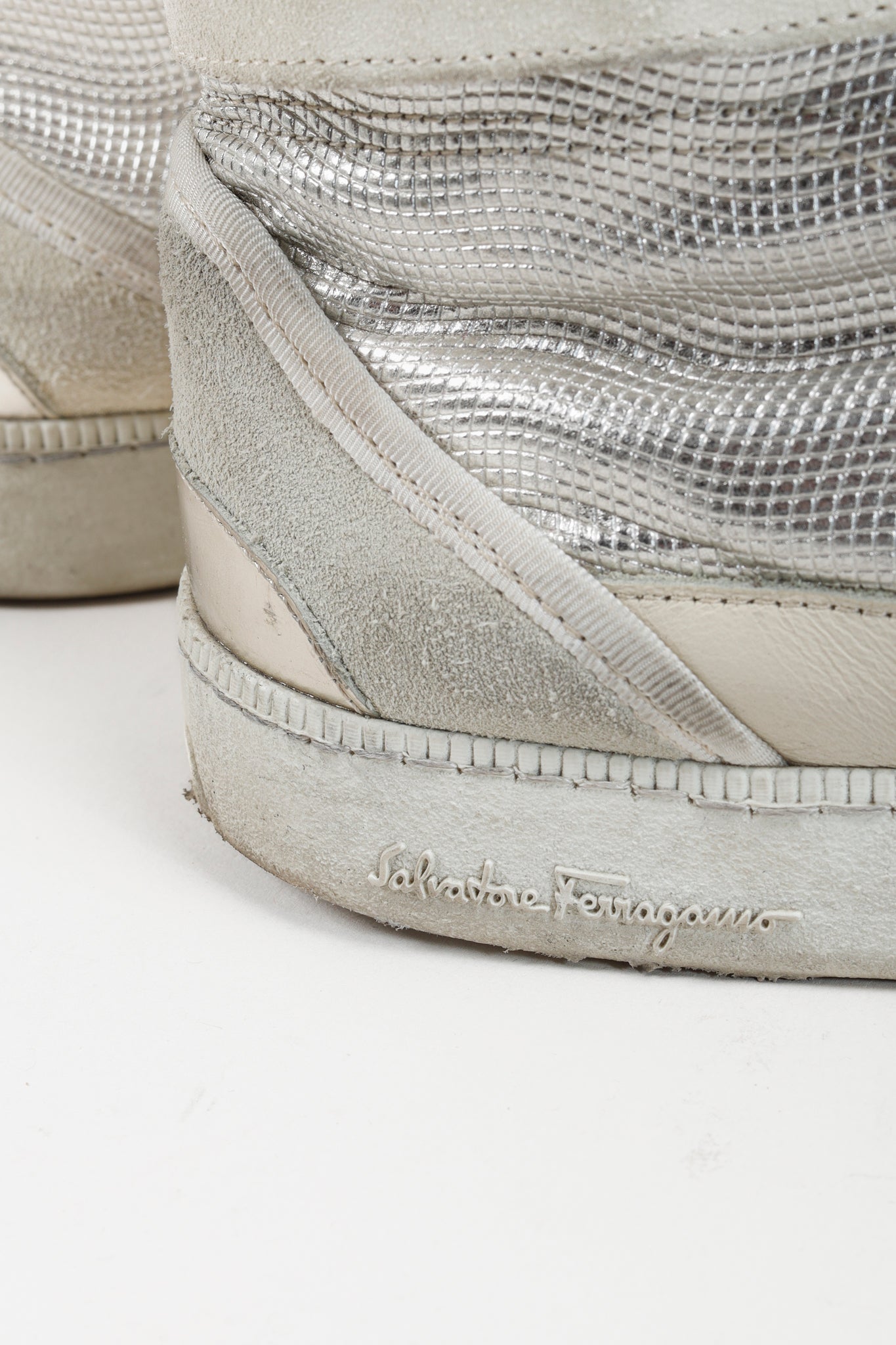 Salvatore Ferragamo Beige/Silver Metallic High-Top Sneakers