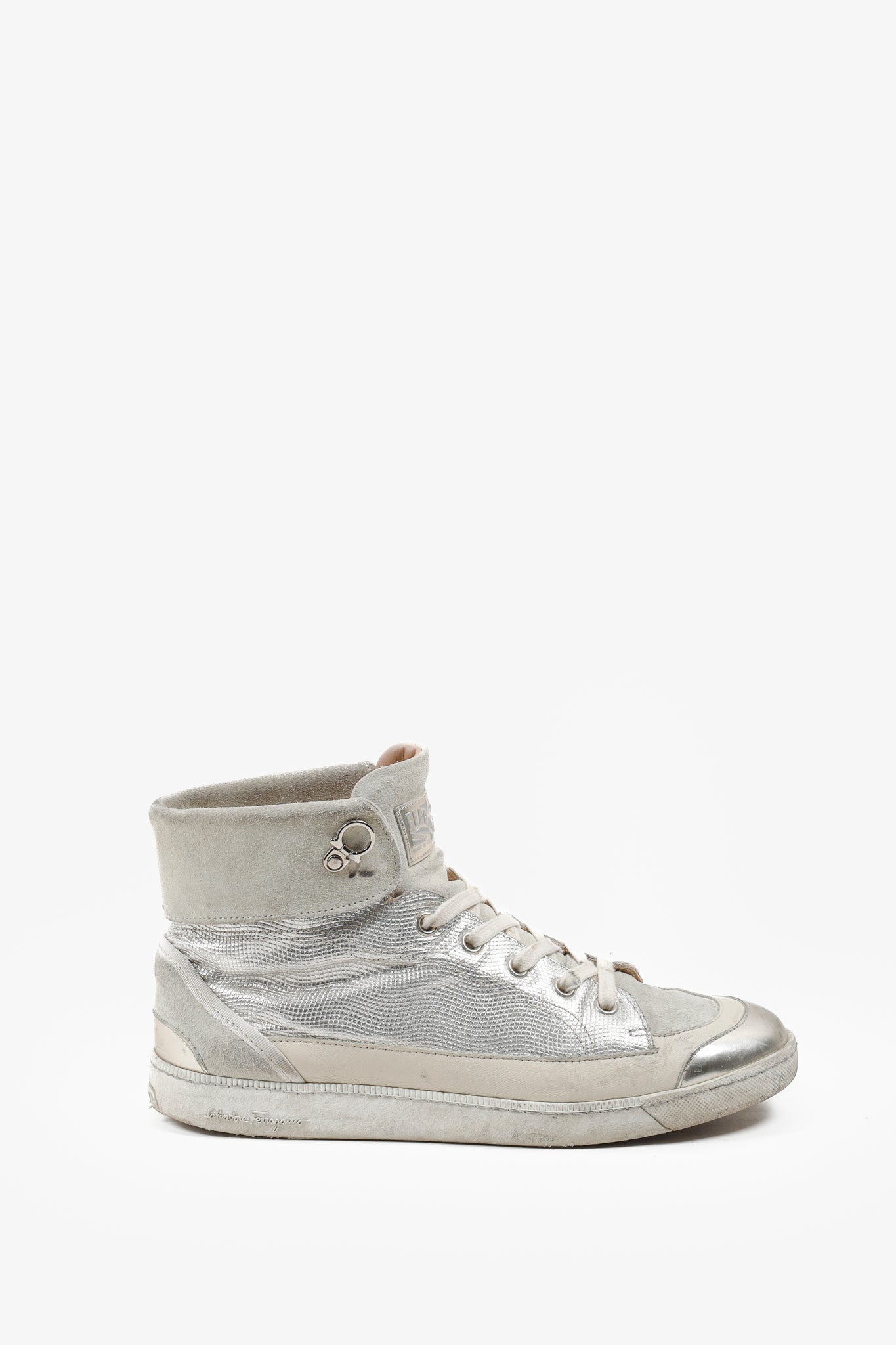 Salvatore Ferragamo Beige/Silver Metallic High-Top Sneakers