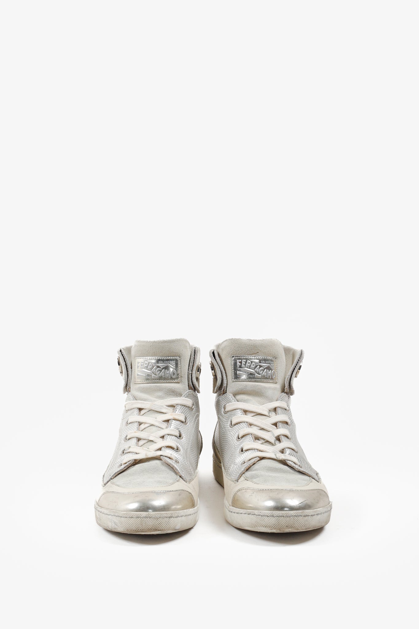 Salvatore Ferragamo Beige/Silver Metallic High-Top Sneakers