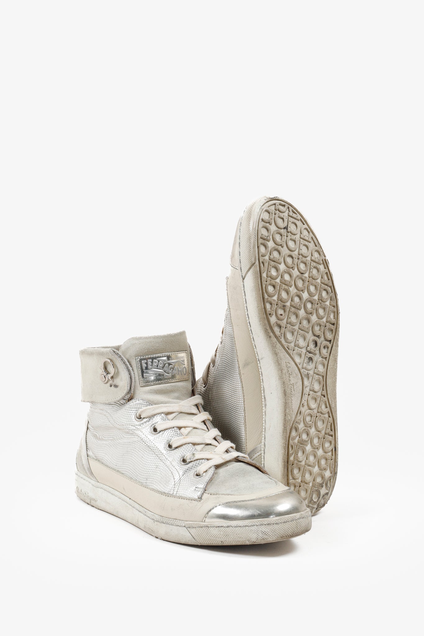 Salvatore Ferragamo Beige/Silver Metallic High-Top Sneakers