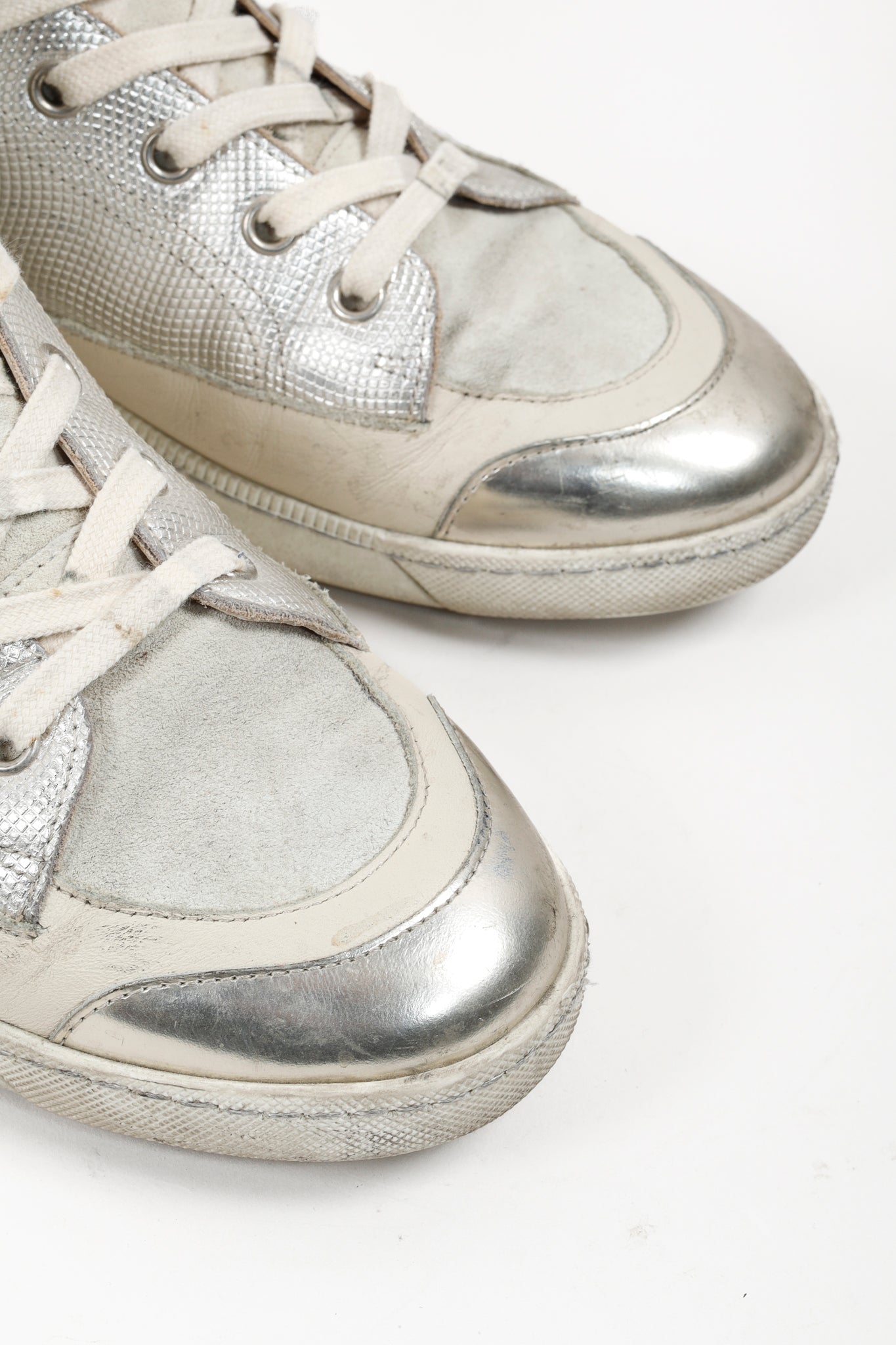 Salvatore Ferragamo Beige/Silver Metallic High-Top Sneakers