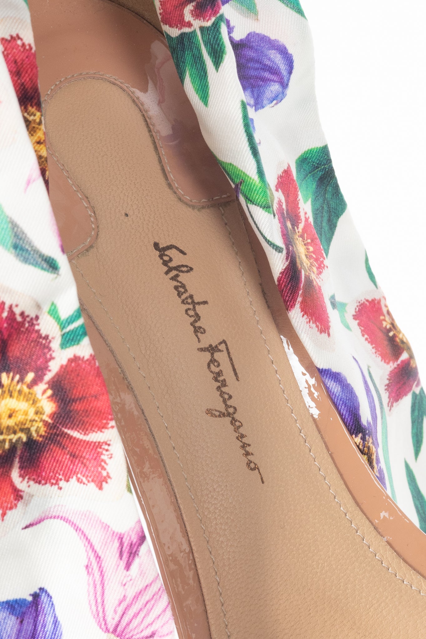Salvatore Ferragamo Tursi Nude Patent Leather Floral-Tie Sandals