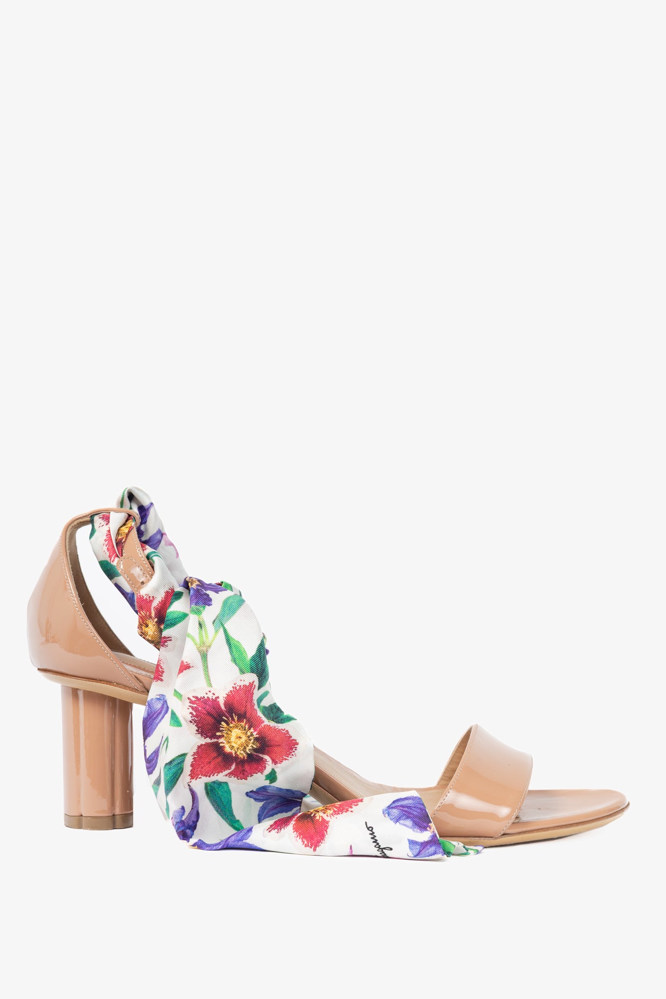 Salvatore Ferragamo Tursi Nude Patent Leather Floral-Tie Sandals