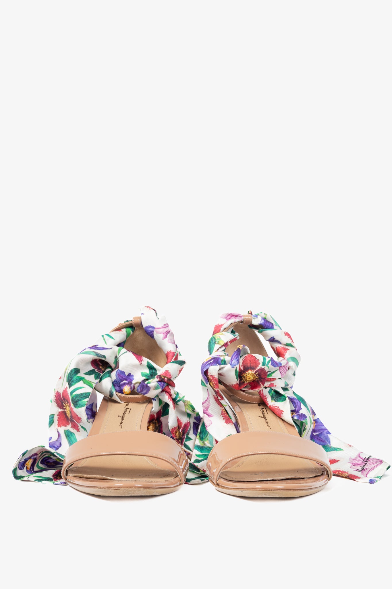 Salvatore Ferragamo Tursi Nude Patent Leather Floral-Tie Sandals