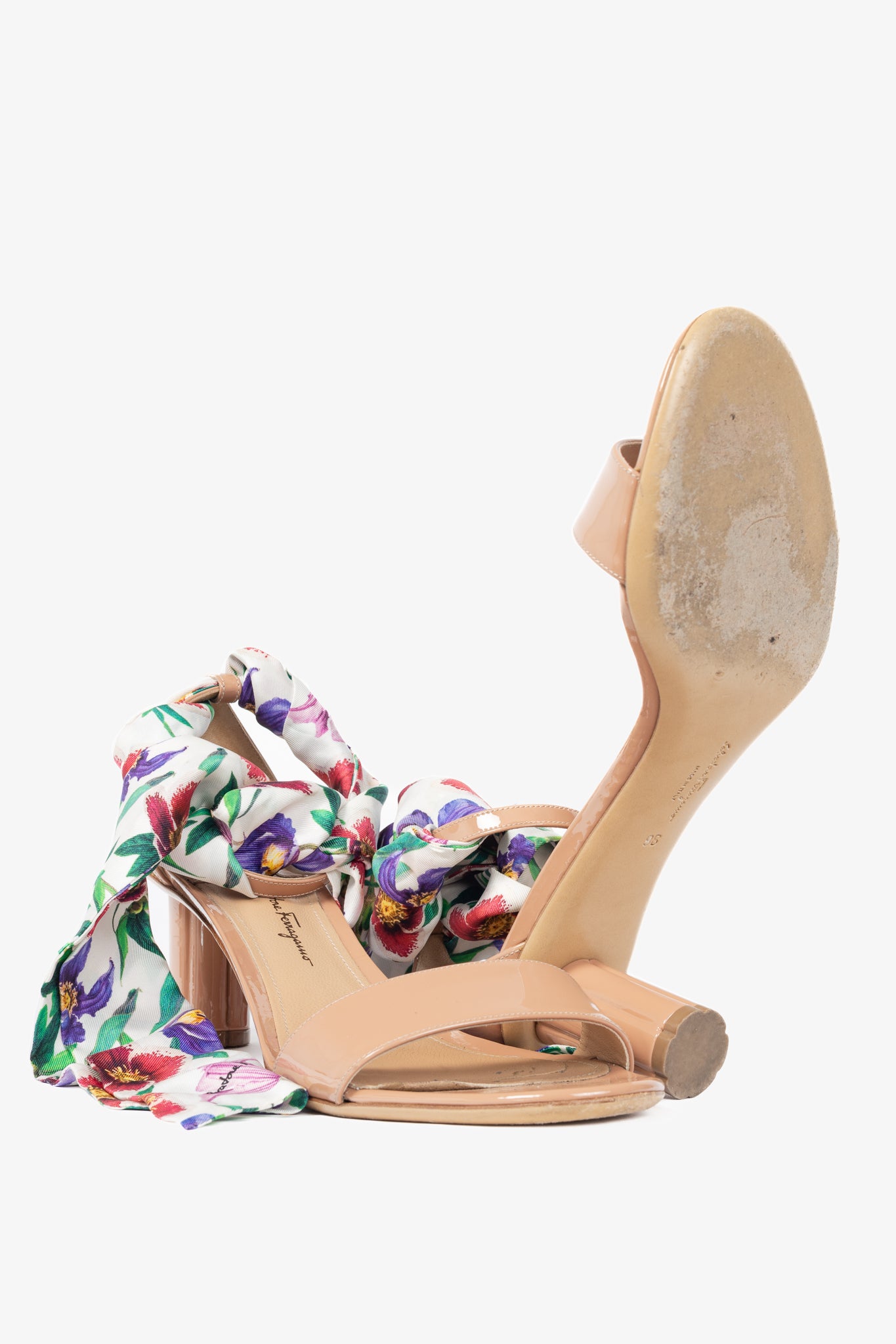 Salvatore Ferragamo Tursi Nude Patent Leather Floral-Tie Sandals