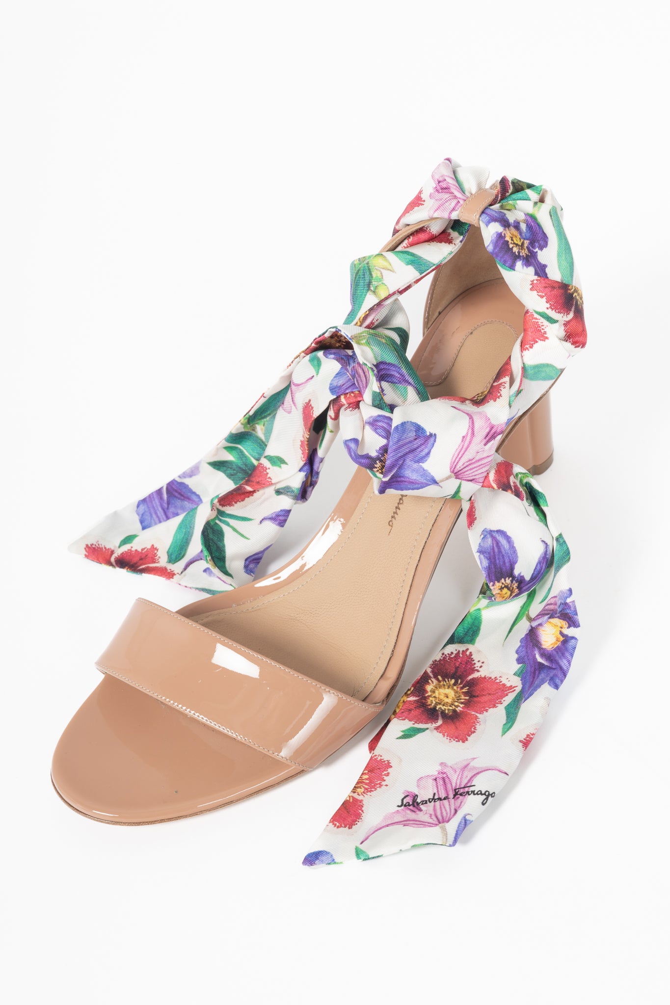 Salvatore Ferragamo Tursi Nude Patent Leather Floral-Tie Sandals