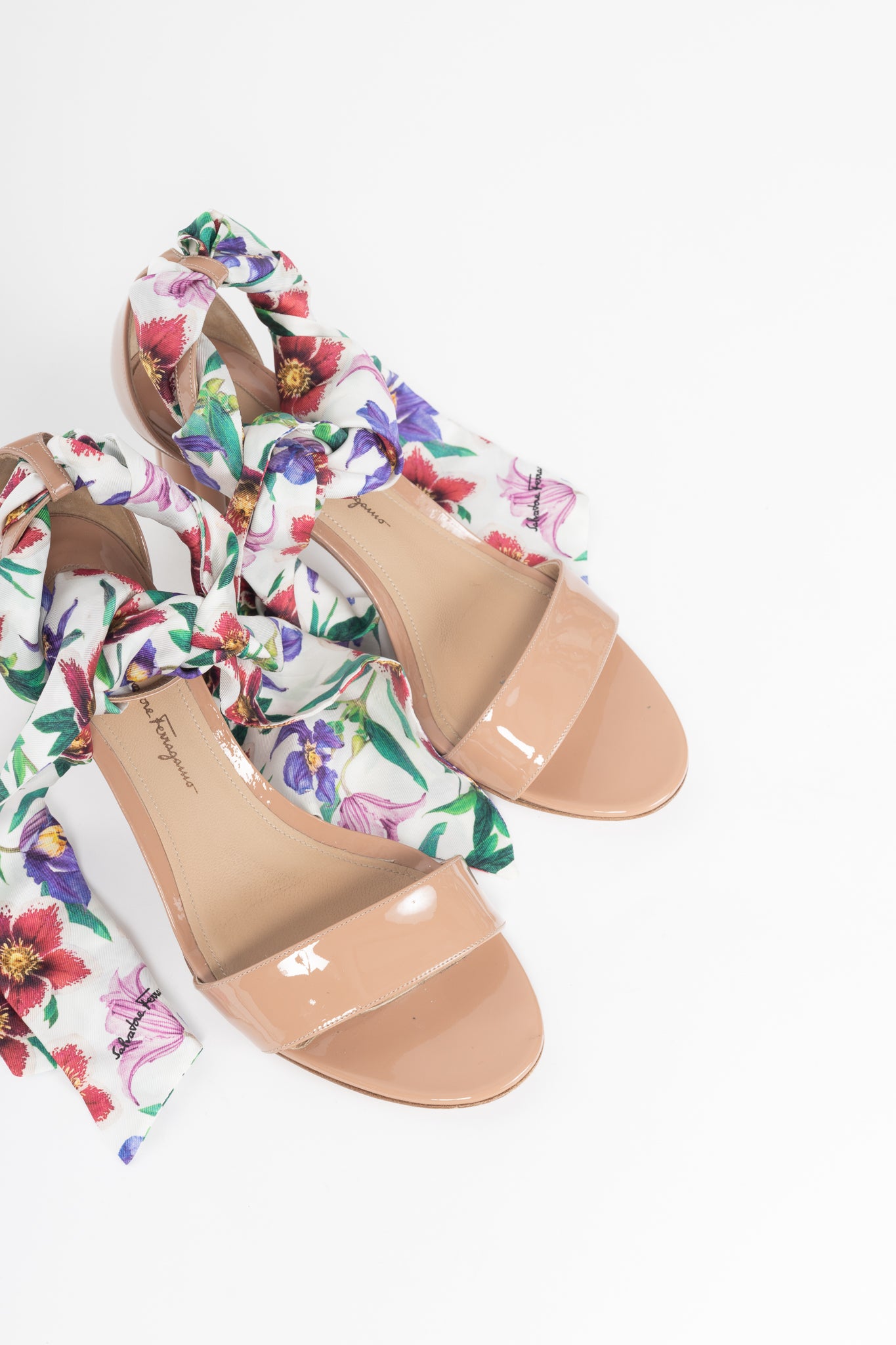 Salvatore Ferragamo Tursi Nude Patent Leather Floral-Tie Sandals