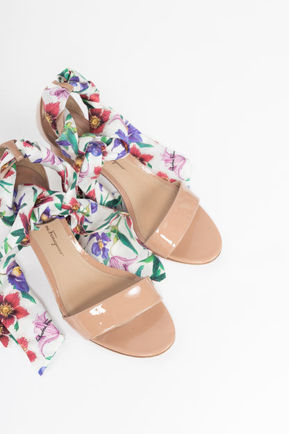 Salvatore Ferragamo Tursi Nude Patent Leather Floral-Tie Sandals