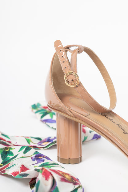 Salvatore Ferragamo Tursi Nude Patent Leather Floral-Tie Sandals