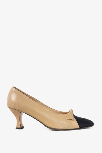 Salvatore Ferragamo Beige Leather Bow Cap-Toe Pumps