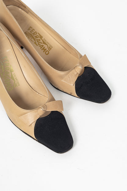 Salvatore Ferragamo Beige Leather Bow Cap-Toe Pumps