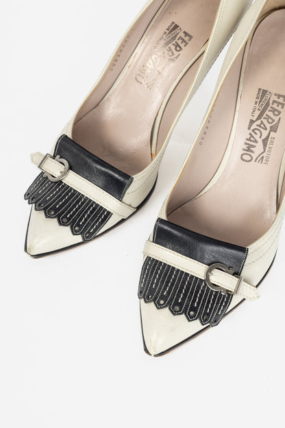 Salvatore Ferragamo Gannett 85 Porcellana & Nero Kid Leather Fringe Pumps