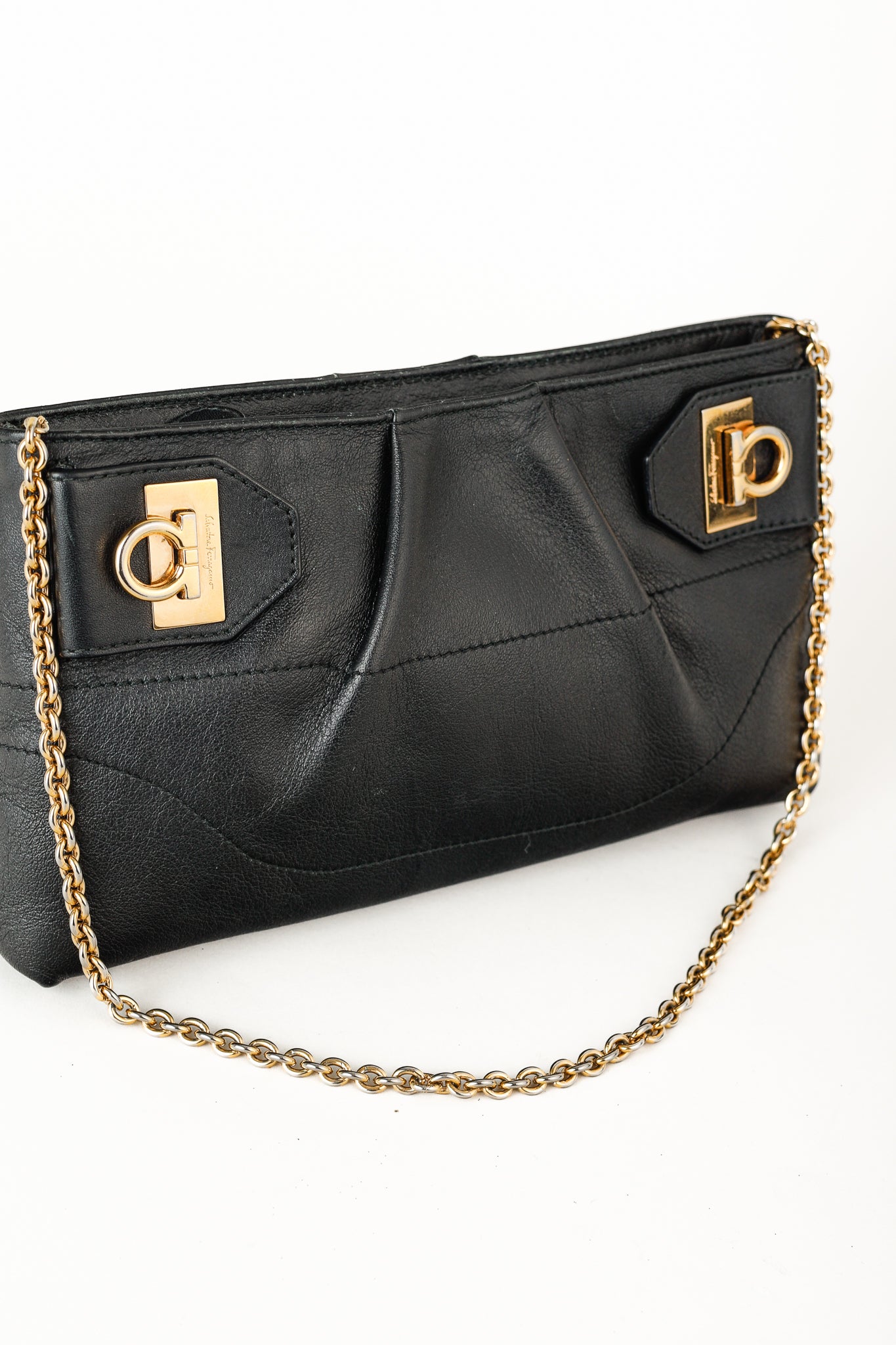 Salvatore Ferragamo Black Leather Gancini-Clasp Chain Pochette