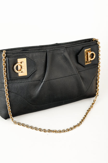 Salvatore Ferragamo Black Leather Gancini-Clasp Chain Pochette