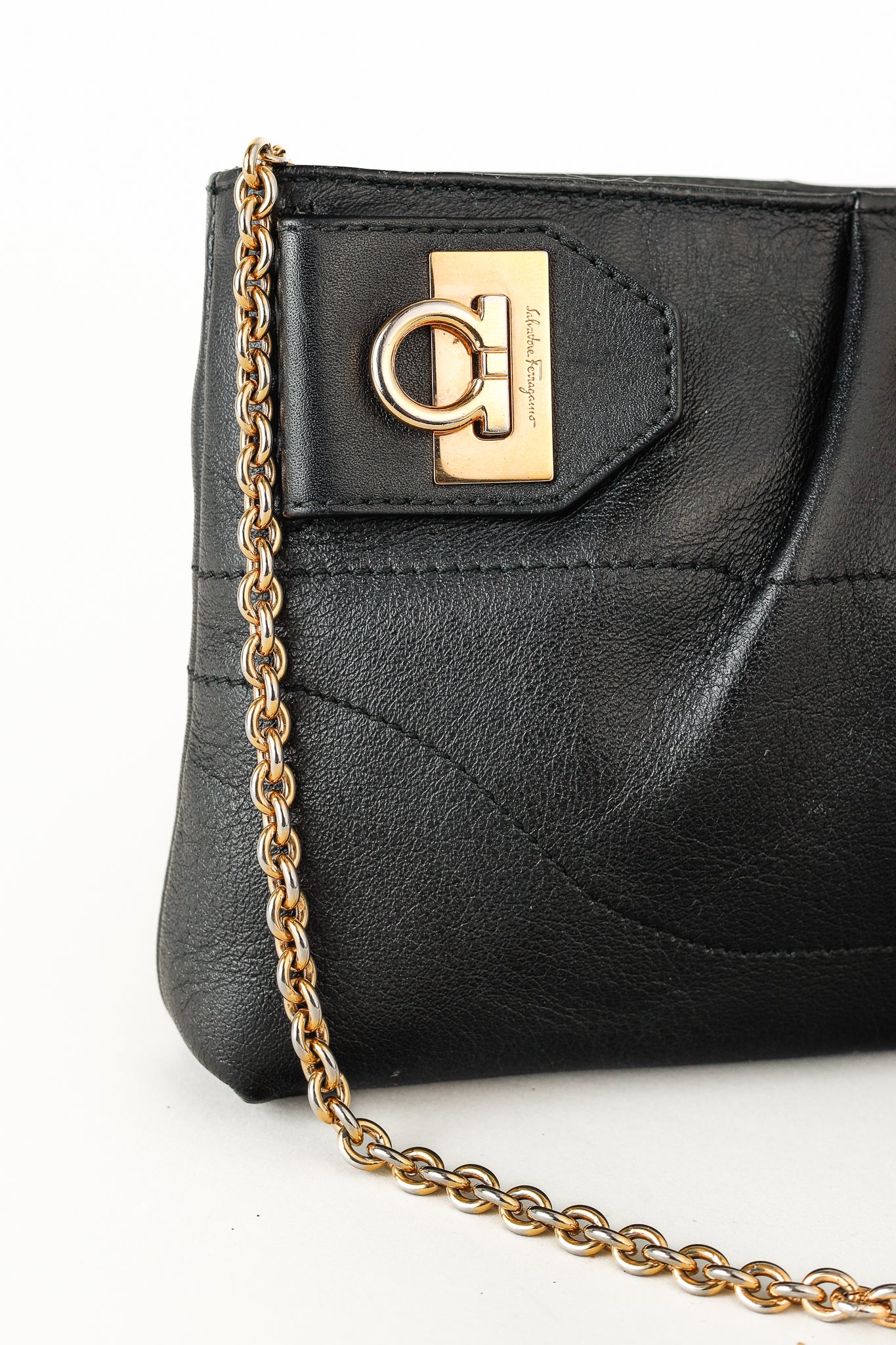 Salvatore Ferragamo Black Leather Gancini-Clasp Chain Pochette