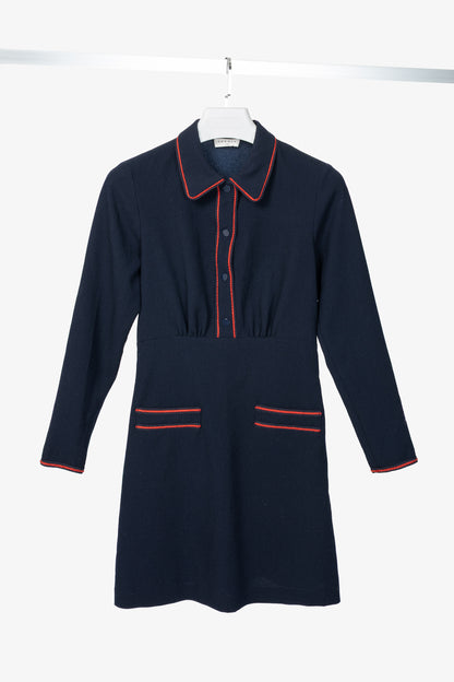 Sandro Navy Blue Textured-Crepe Braid-Trim Mini Dress