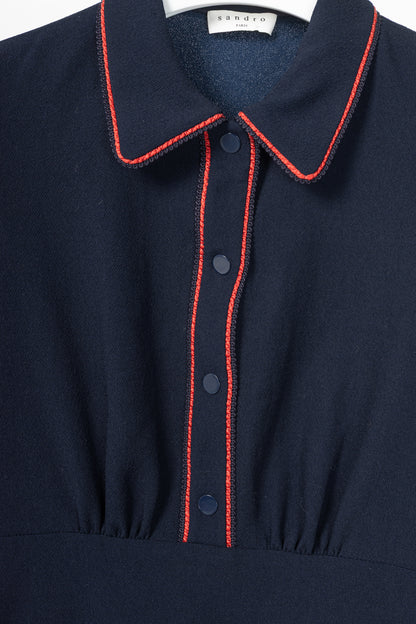Sandro Navy Blue Textured-Crepe Braid-Trim Mini Dress