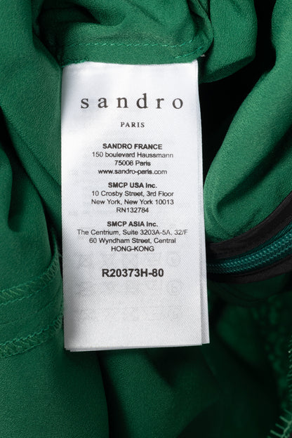 Sandro Ritta Green Contrast-Panel Floral-Lace Tie-Neck Dress