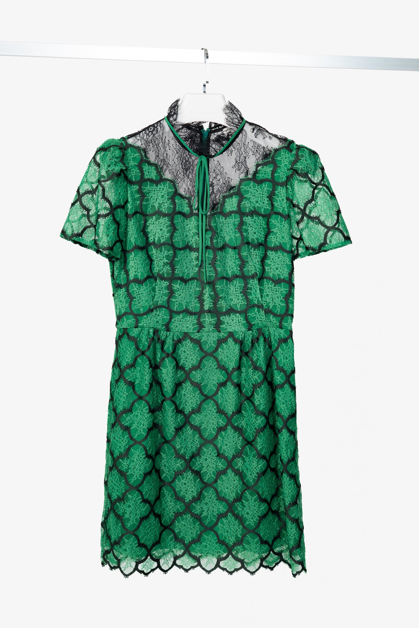 Sandro Ritta Green Contrast-Panel Floral-Lace Tie-Neck Dress