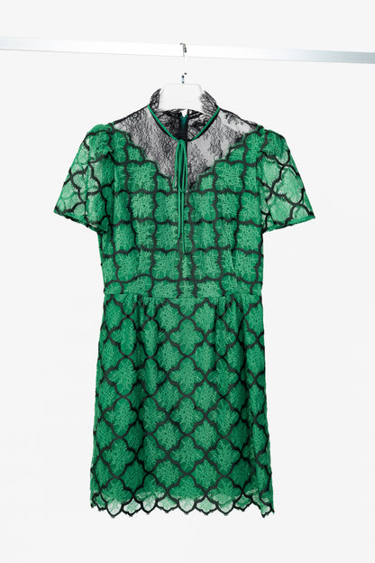 Sandro Ritta Green Contrast-Panel Floral-Lace Tie-Neck Dress