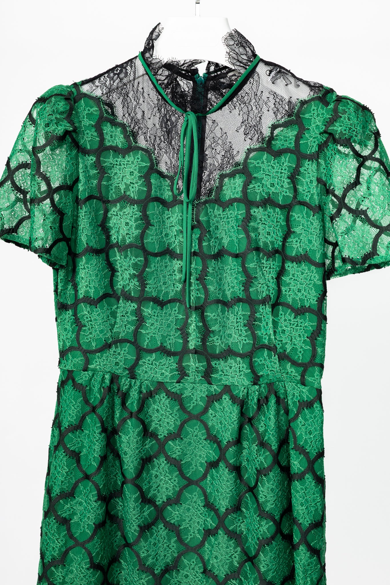 Sandro Ritta Green Contrast-Panel Floral-Lace Tie-Neck Dress